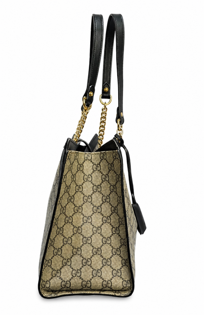 Pre-owned Gucci GG Supreme Padlock Chain Tote Beige Ebony Black Leather Gold Hardware