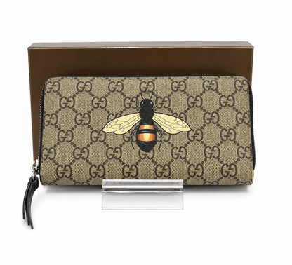 Pre-Owned Gucci GG Supreme Bee Zip-Around Continental Wallet – Beige/Ebony