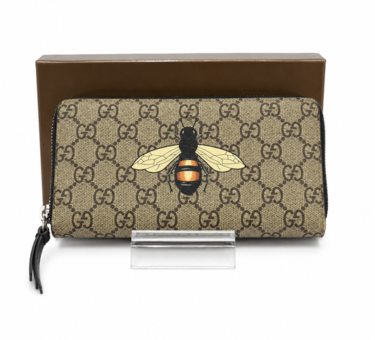 Pre-Owned Gucci GG Supreme Bee Zip-Around Continental Wallet – Beige/Ebony