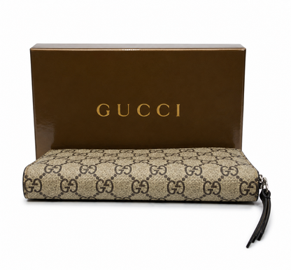 Pre-Owned Gucci GG Supreme Bee Zip-Around Continental Wallet – Beige/Ebony