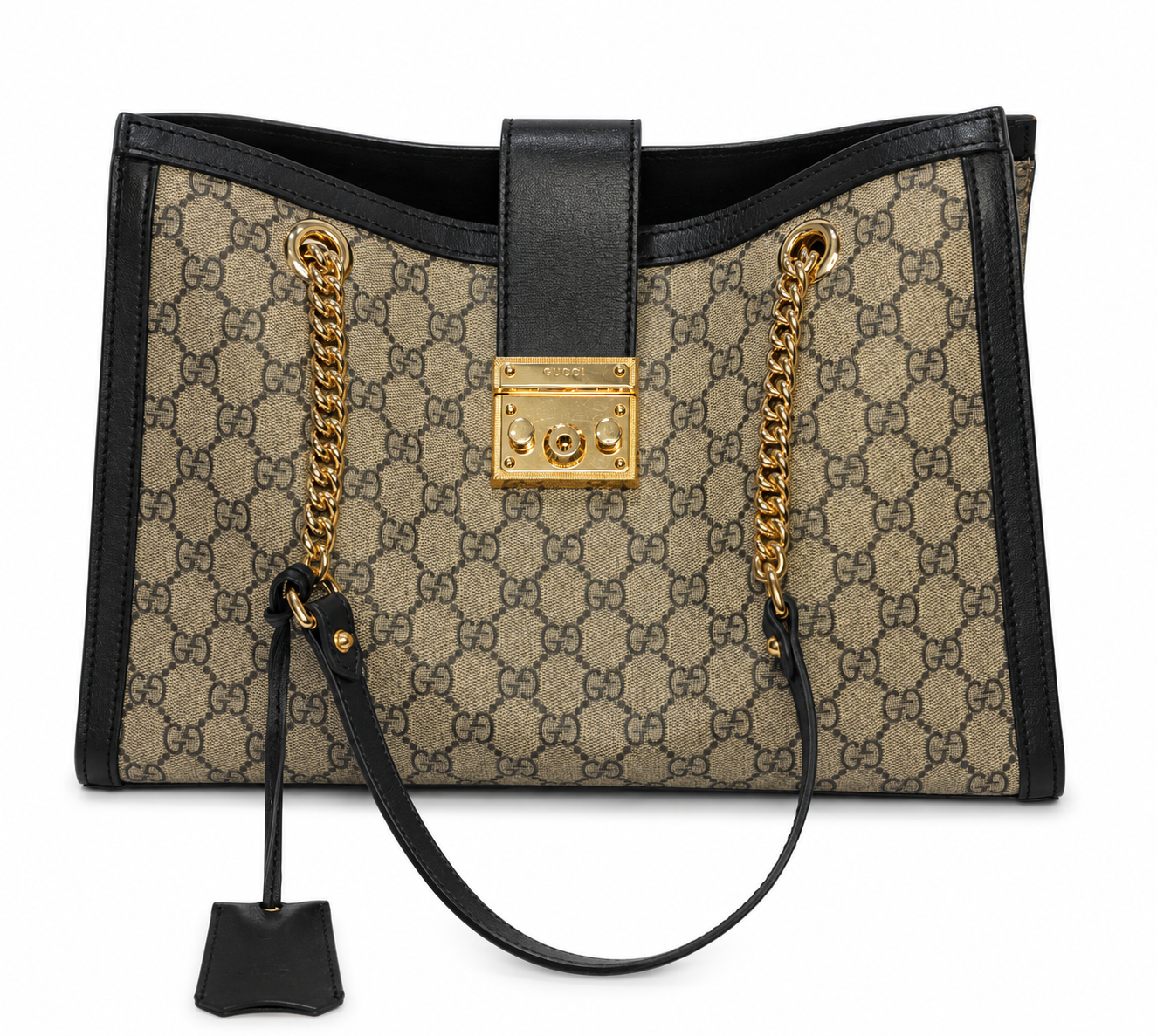 Pre-owned Gucci GG Supreme Padlock Chain Tote Beige Ebony Black Leather Gold Hardware