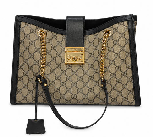 Pre-owned Gucci GG Supreme Padlock Chain Tote Beige Ebony Black Leather Gold Hardware