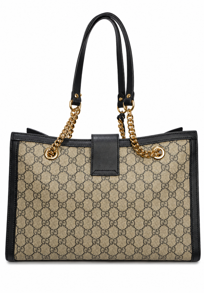 Pre-owned Gucci GG Supreme Padlock Chain Tote Beige Ebony Black Leather Gold Hardware